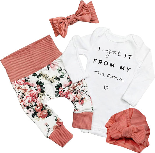"Adorable Baby Girl 4-Piece Outfit Set: Letter Print Romper, Pants, Hat, and Headband for Spring and Summer"