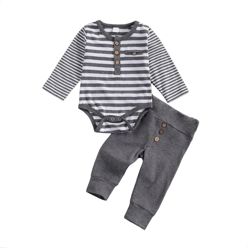 "Adorable Baby Boy/Girl 2-Piece Casual Outfit Set: Striped Romper with Button Detail and Loose Trousers for Spring/Autumn"