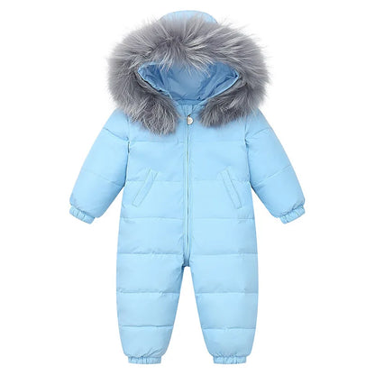 2023 Winter Baby Boy down Jumpsuit Real Raccoon Fur Hooded Baby Girl Snowsuit Toddler Boy Winter Romper Infant Overalls Outfit