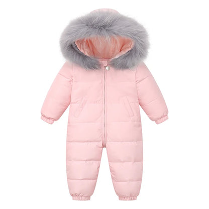 2023 Winter Baby Boy down Jumpsuit Real Raccoon Fur Hooded Baby Girl Snowsuit Toddler Boy Winter Romper Infant Overalls Outfit