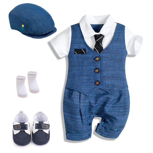 Summer Baby Romper Suit Newborn Boys Formal Clothing 4 PCS Set Complete with Hat and Shoes in Blue