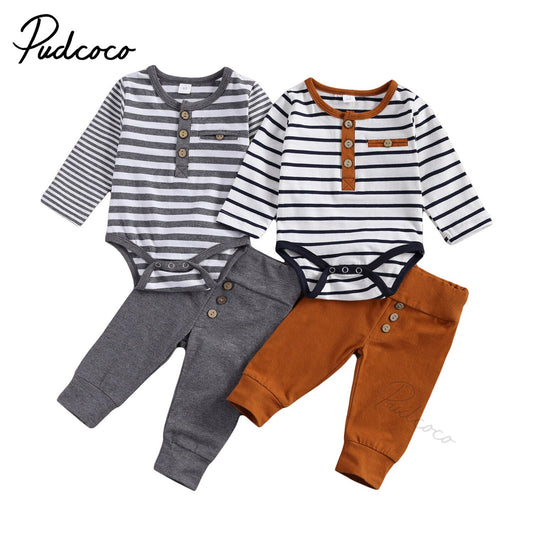 "Adorable Baby Boy/Girl 2-Piece Casual Outfit Set: Striped Romper with Button Detail and Loose Trousers for Spring/Autumn"
